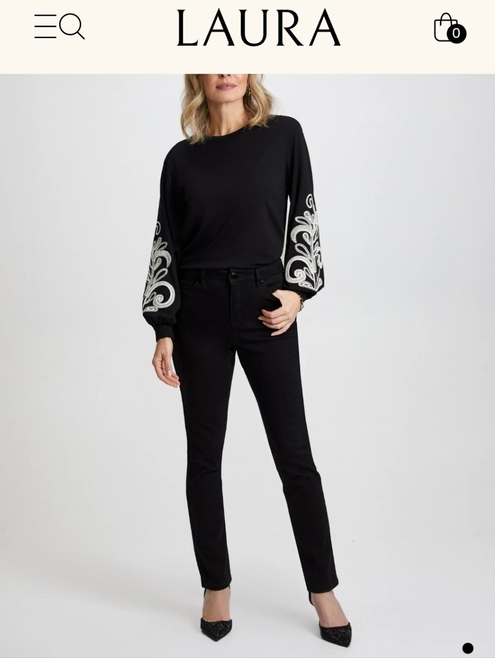 Laura Black Embroidered Sleeve Blouse - Elegant Scroll Detail